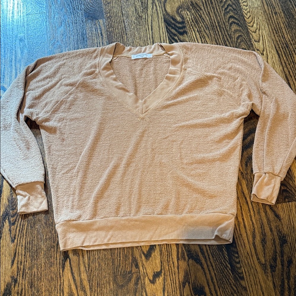 perfectwhitetee Women's V-Neck Lightweight Sweatshirt in Camel